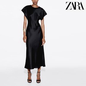 자라 ZARA 여성 롱 원피스 사틴 이펙트 미디 후면 오픈 반팔 드레스