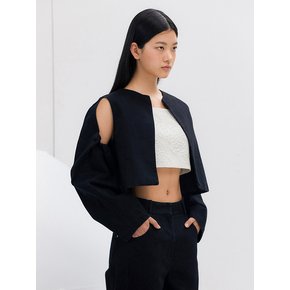 DENIM SHIRRING CROP JACKET - BLACK