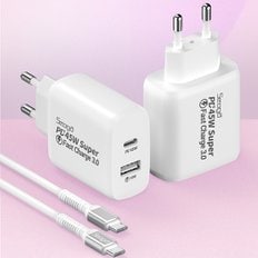 45W PD3.0 PPS 2포트 멀티 C타입 초고속 충전기+60W 메탈 고강도 CtoC 초고속 케이블 1.5m 세트