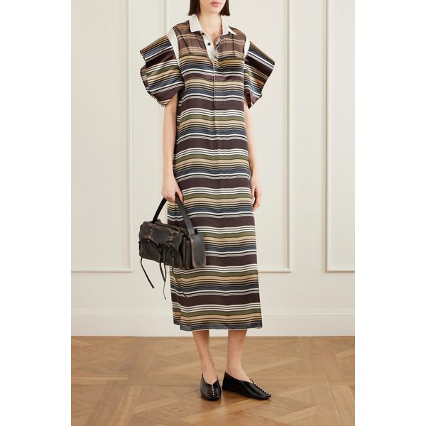 브라운 스트라이프 오간자 새틴 미디 원피스 46376663162958839