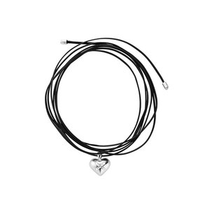 006 Silver Heart Pendant Black Strap Long Necklace