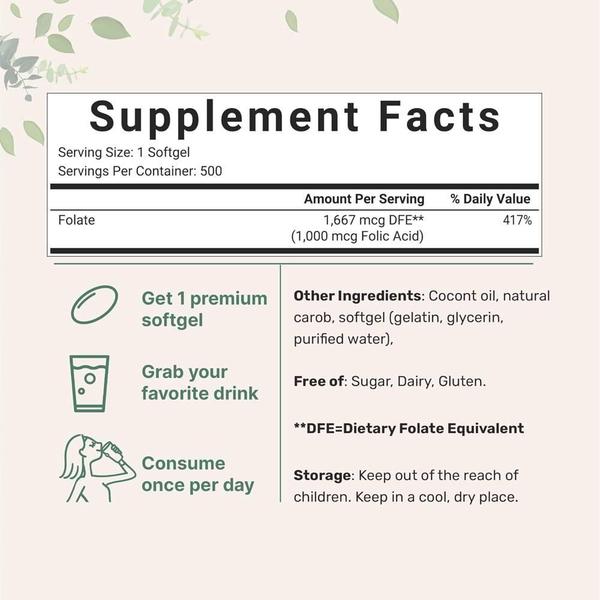 Micro Ingredients 마이크로인그리디언츠 엽산 1000mcg 코코넛 오일 500정
