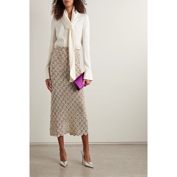 오스카 드 라 렌타 크리스탈 진주 장식 튤 미디 스커트 46376663162983345