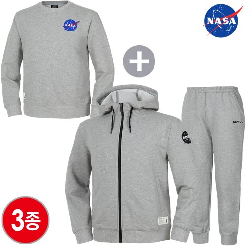 NASA 나사 남녀공용 세미 오버핏 후드집업+면 조거팬츠+맨투맨 3종 상하세트 빅사이즈