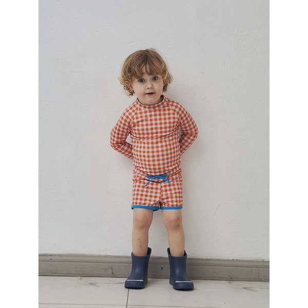 아동 선라이즈 오렌지 체크 래쉬가드 세트_오렌지