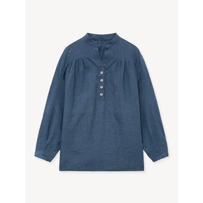 OPEN COLLAR BUTTON LINEN BLOUSE_BLUE