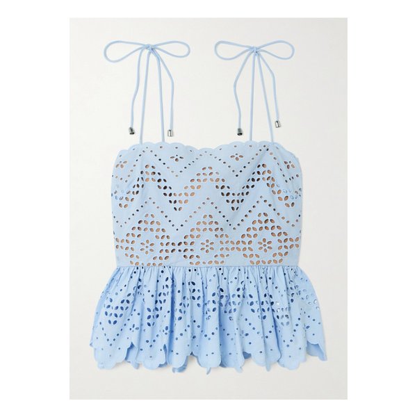 스캘럽 러플 브로드리 앙글레즈 코튼 페플럼 탑 블루 46376663162843240