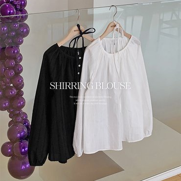핫핑 [허리스트랩구성/입체패턴] 젤라또 U넥 셔링 레글런 코튼 긴팔 블라우스 P000CPVD