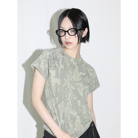 클럿스튜디오 [리퍼브] Camo Stud Half T-shirt - KHAKI