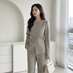 벨트set 노카라 라운드넥 슬림 스판 자켓 클래식 모던 여성 정장재킷
