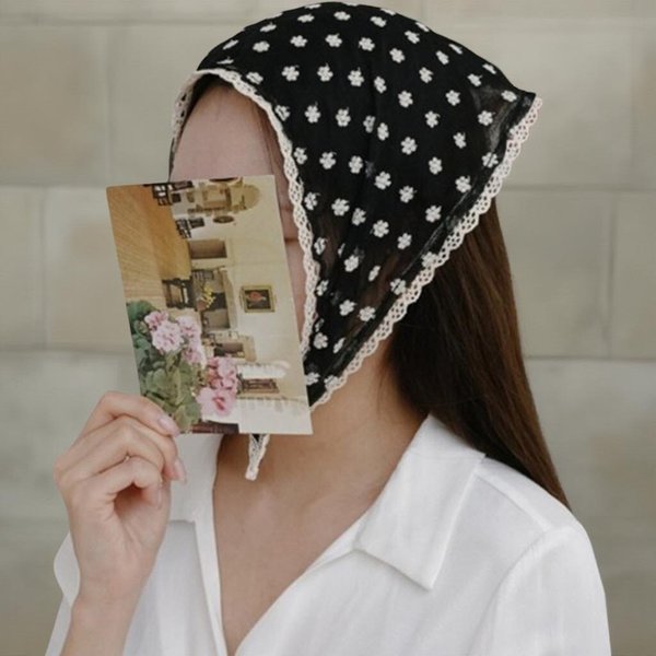 [옷자락] 여자 플라워 시스루 삼각 소녀커치프 두건