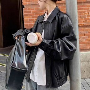 레더집업점퍼 여성 오버핏 집업 가죽 자켓 1P 가벼운 가을 점퍼