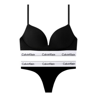 Calvin Klein CK 여성 모던 코튼 AF 플런지 푸쉬업 브라+티팬티 세트 QF7623+F3786 BLACK