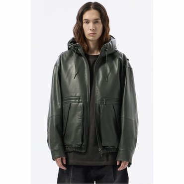 커스텀멜로우 Green Eco Leather Hood Bomber_CWUAA24513GRD