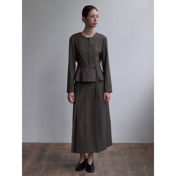 [세트] 플레어 블라우스 자켓 + 플리츠 맥시 스커트 토프그레이 amr2162