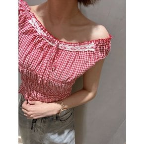 팩선 25SS 유어페이보릿 여성 깅엄 오프숄더 탑/