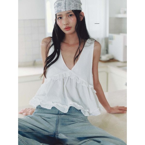 V-NECK FRILL SLEEVELESS BLOUSE(WT)