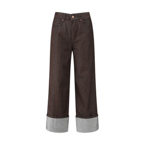 여성 와이드 롤업 데님팬츠 D BROWN