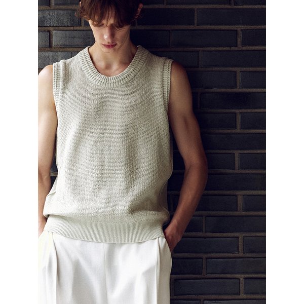 Linen boucle crochet vest_Green tea