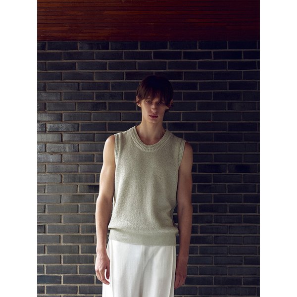 Linen boucle crochet vest_Green tea