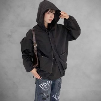 신세계라이브쇼핑 [옷자락] 여성 캐주얼 체크 루즈핏 스트링 후드 바람막이 재킷