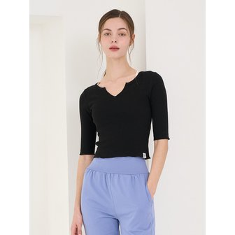 레이나모라 립 슬릿 넥 크롭 5부 슬리브 블랙