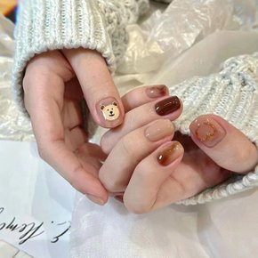 브라운 귀여운 곰돌이 붙이는 네일팁 [24tips]