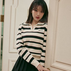 V NECK COLLAR STRIPE KNIT PULLOVER IVORY