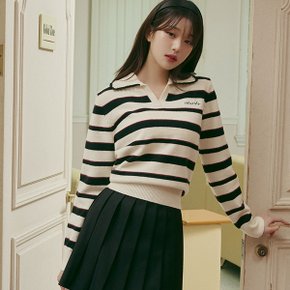 V NECK COLLAR STRIPE KNIT PULLOVER IVORY