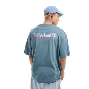 팀버랜드 라지 스크립트 로고 백 프린트 오버핏 반팔 티셔츠 블루 한정판 아소스
