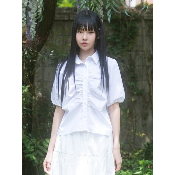 Dot Button Puff Short Sleeve Shirt_White