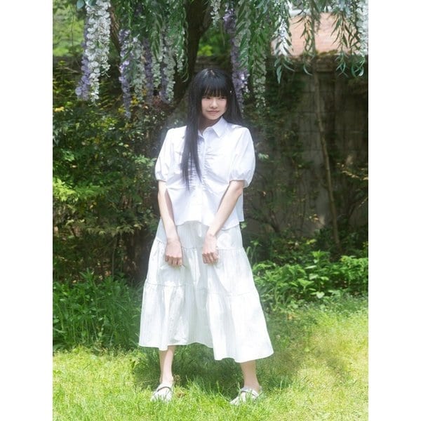 Dot Button Puff Short Sleeve Shirt_White
