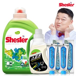 강호동의 쉬슬러 액상 세제 유칼립투스 3.05L 1개+스포츠의류전용 650ml 1개+치석케어 치약 100g 2개.