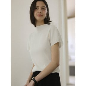 Pleated high neck short sleeve top_Ivory