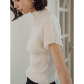 Pleated high neck short sleeve top_Ivory