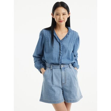 언노운플라넷 UP-393 핀턱 셔링 데님블라우스_PIN TUCK SHIRRING DENIM BLOUSE BLUE