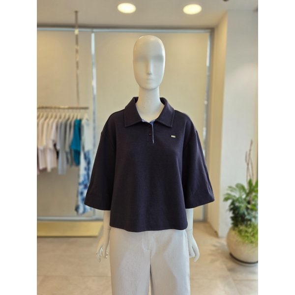 [여주점] [더 아이잗] 여성 오버핏 배색 버튼 칼라 티셔츠(IS4M0TS801)