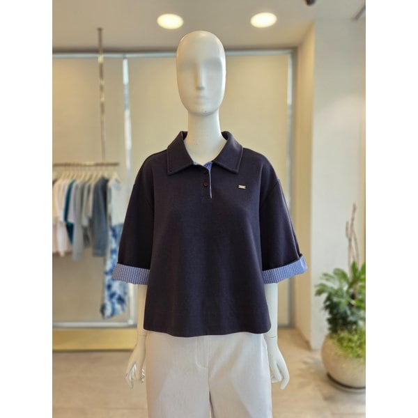 [여주점] [더 아이잗] 여성 오버핏 배색 버튼 칼라 티셔츠(IS4M0TS801)