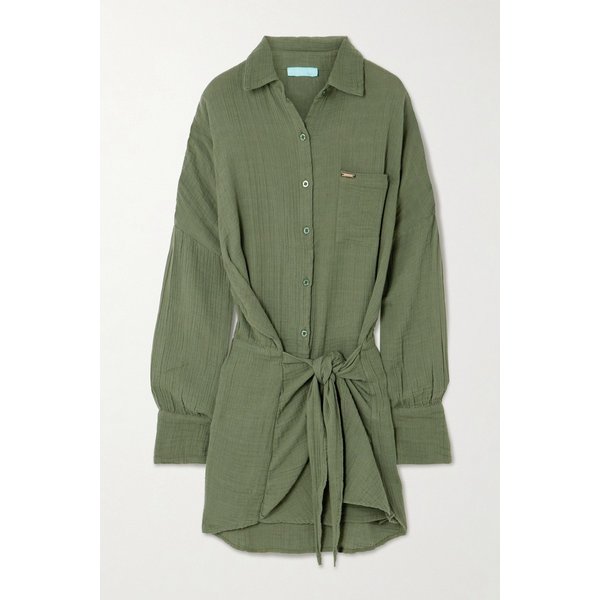 멜리사 오다바시 사라 타이 프론트 크링클 코튼 거즈 미니 셔츠 원피스 46376663163011816