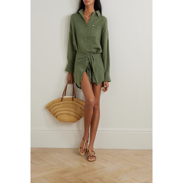 멜리사 오다바시 사라 타이 프론트 크링클 코튼 거즈 미니 셔츠 원피스 46376663163011816