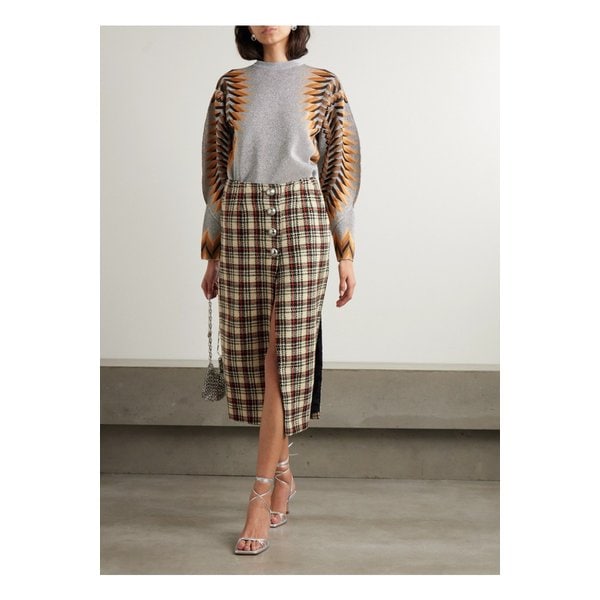 체크 울 혼방 트위드 미디 스커트 브라운 1647597344091177