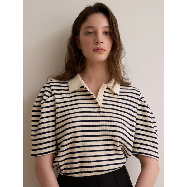 Stripe collar puff top - Navy