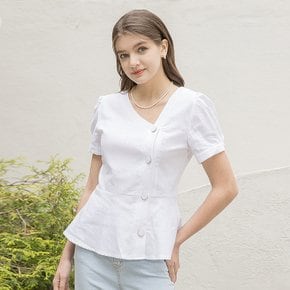 LINEN V NECK UNBAL BLOUSE WHITE