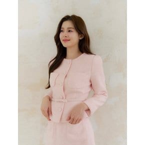 Tweed Ribbon Belted Jacket/ Pink