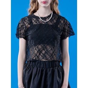레이어드 플라워 시스루 크롭 반팔티 [BLACK]