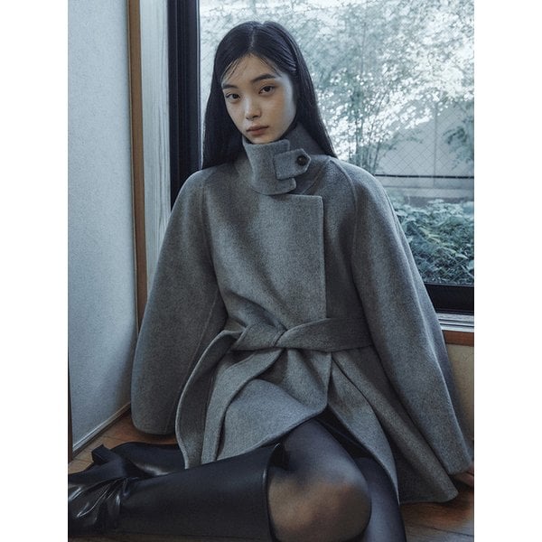 Light high-neck cashmere short coat_Grey