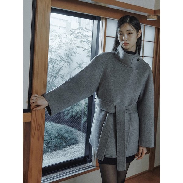 Light high-neck cashmere short coat_Grey