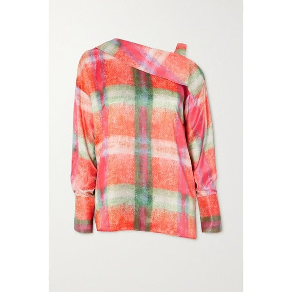 테베 마구구 비대칭 체크 실크 새틴 탑 오렌지 1647597303225880