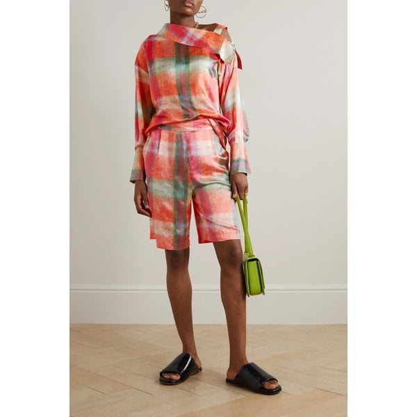 테베 마구구 비대칭 체크 실크 새틴 탑 오렌지 1647597303225880