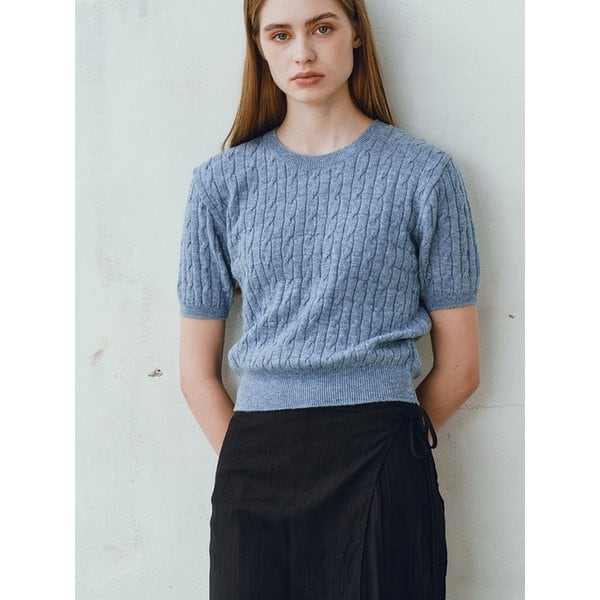 울 혼방 라운드넥 케이블 반팔 니트 (VJUCH2916)